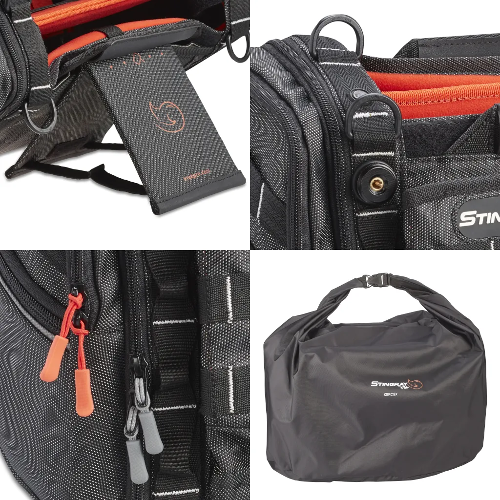 K-Tek KSTGSX Stingray Small-X Audio Mixer Bag: close-ups of the kickstand, a side pocket, the zipper pulls, and the stealth bag.