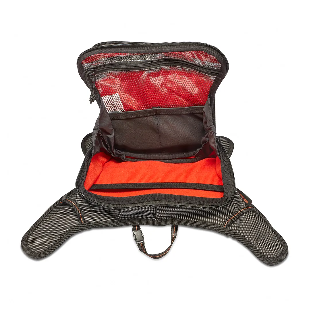 K-Tek KSUHX Stingray Utility Hip Pack X-Series: a compartment open, with its orange lining and pouches.