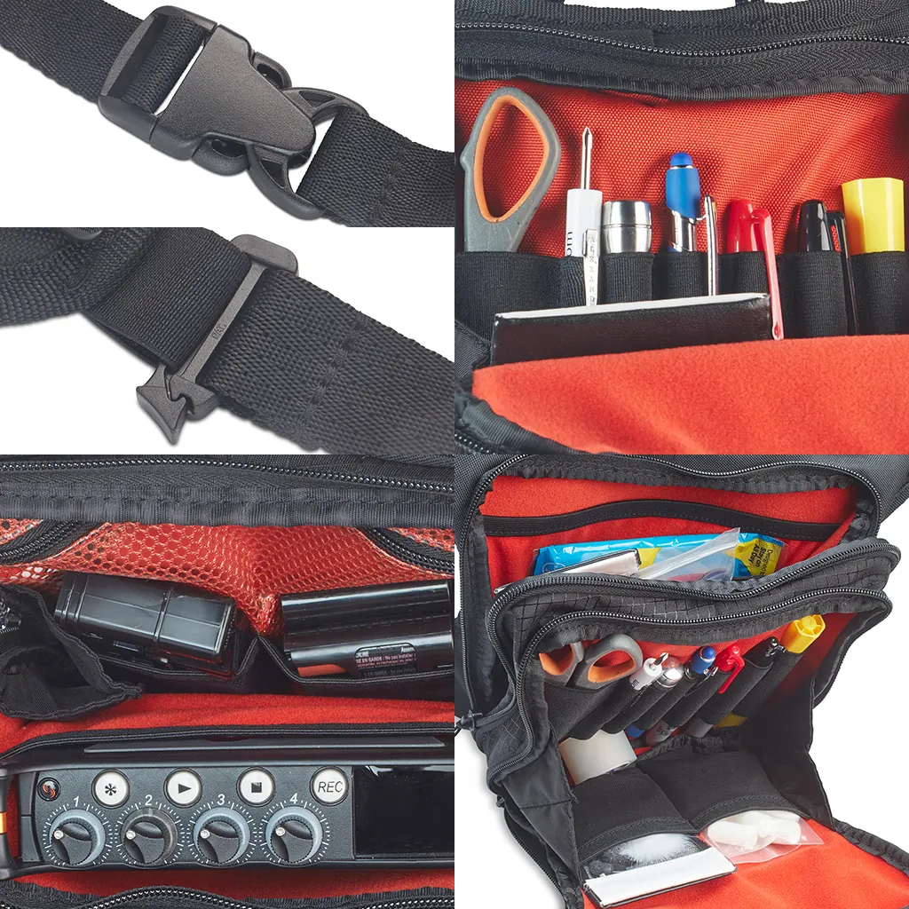 K-Tek KSUHX Stingray Utility Hip Pack X-Series: close-ups of the buckle, the tool organizer, a recorder inside, and the pouches.