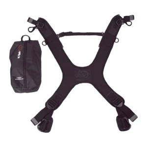 K-Tek KSULH1 Stingray Harness Lite for Audio Mixer Bags: The harness laid flat in its X shape, beside its carry pouch.