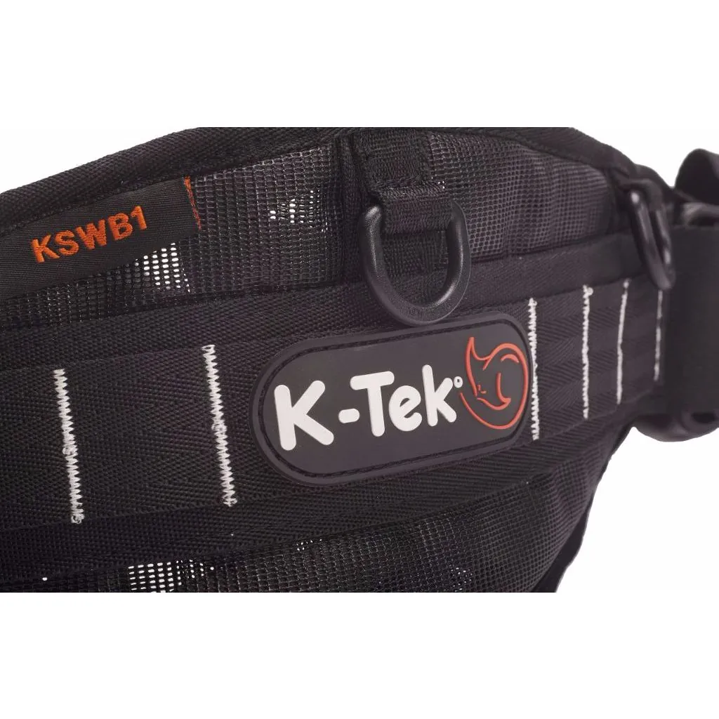 K-Tek KSWB1 Stingray Audio Waist Belt with Quick-Release: the KSWB1 label and K-Tek logo on the belt, close up.