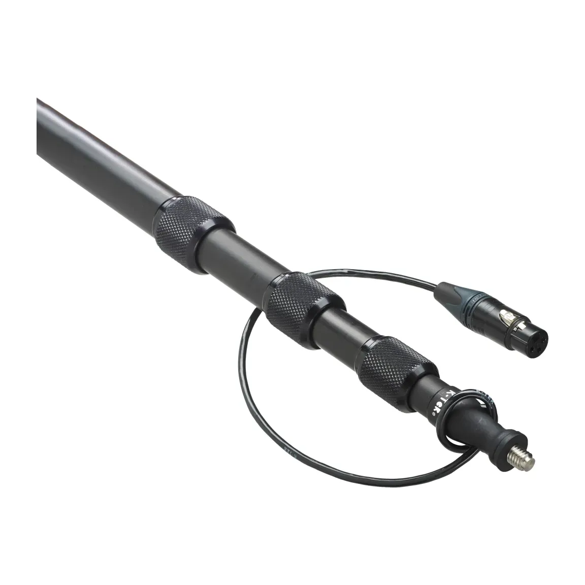 K-Tek KE89 Avalon Aluminum Boom Pole: the top sections extended, with the cable's XLR on a short loop.
