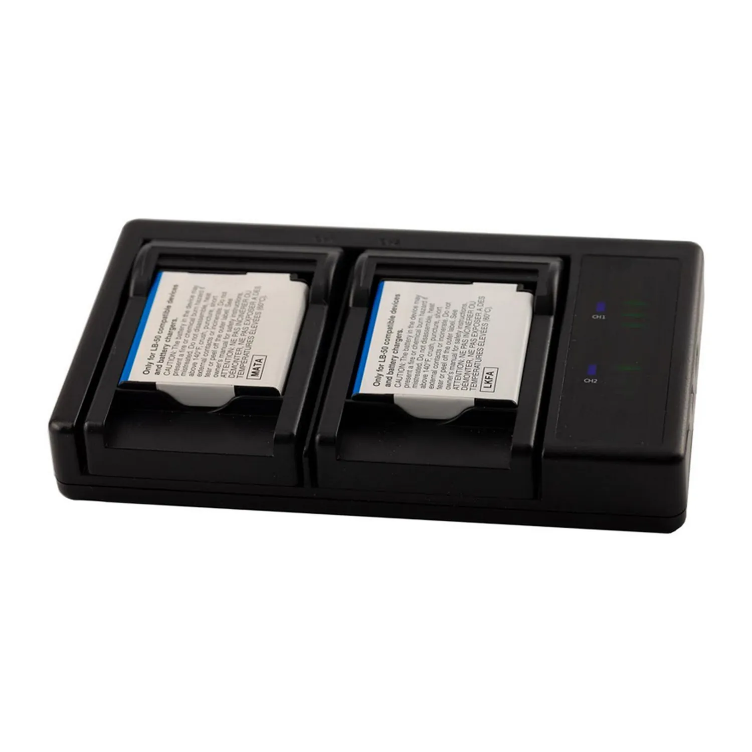 Lectrosonics 40117 Dual Charger for LB-50 Batteries: The charger with two LB-50 batteries in its bays.