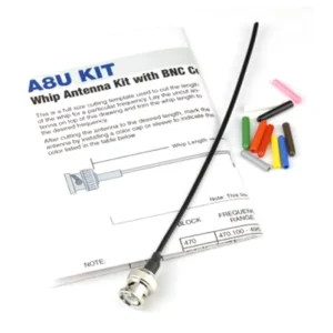 Lectrosonics A8UKIT Whip Antenna Kit with BNC Connector: The whip antenna with its BNC connector, color caps, and cutting template.