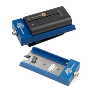 Lectrosonics BATTSLED Universal Power Supply Adapter: The adapter with an L style battery mounted, beside the empty adapter.