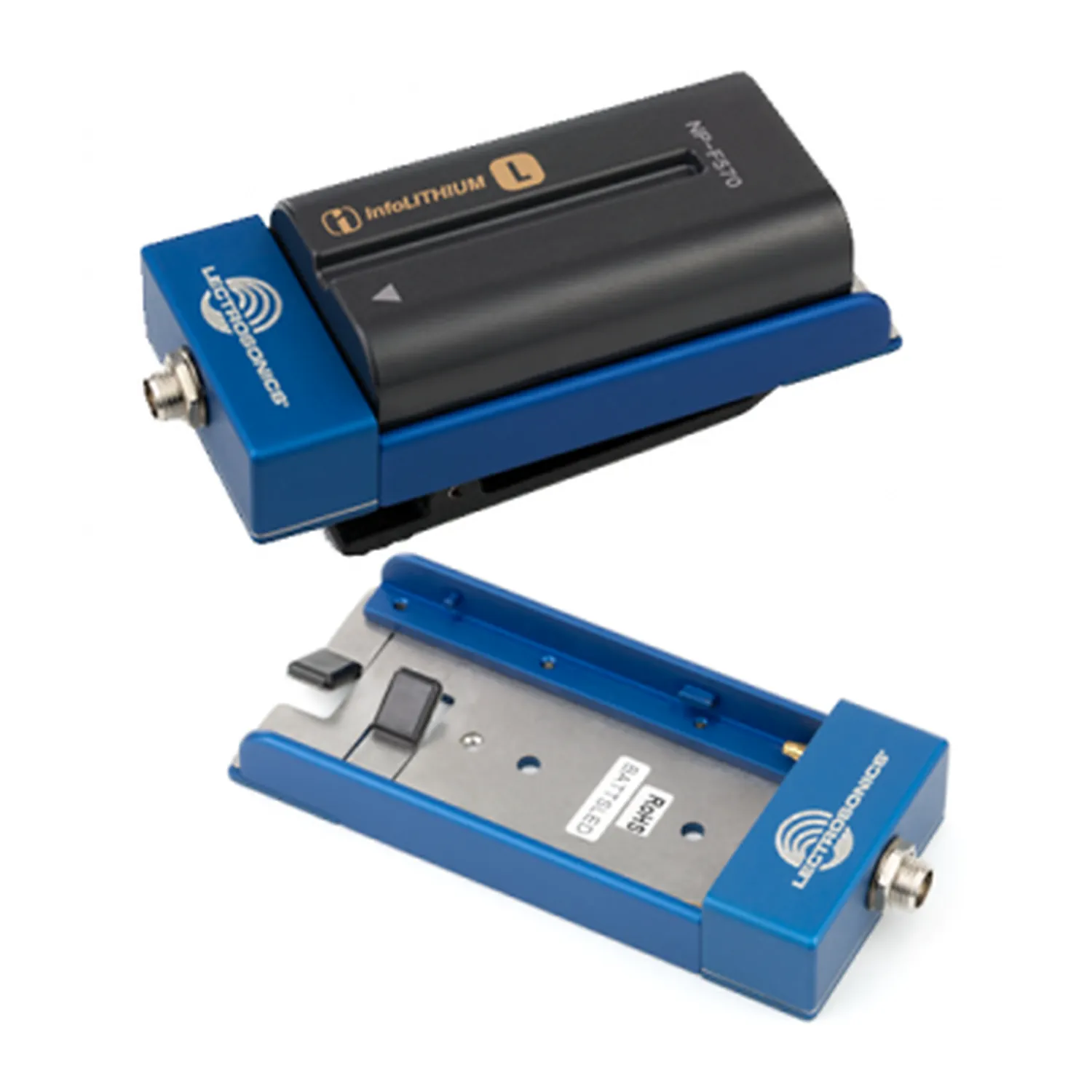 Lectrosonics BATTSLED Universal Power Supply Adapter: The adapter with an L style battery mounted, beside the empty adapter.
