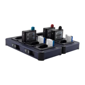 Lectrosonics CHSIFBR1B Charging Station for IFBR1B and LB-50: Two linked charging stations holding IFBR1B receivers and LB-50 batteries.