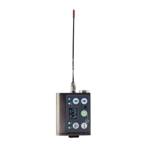 Lectrosonics DBSM-A1B1 Digital Transmitter with Recorder: The transmitter standing upright with its flexible antenna.