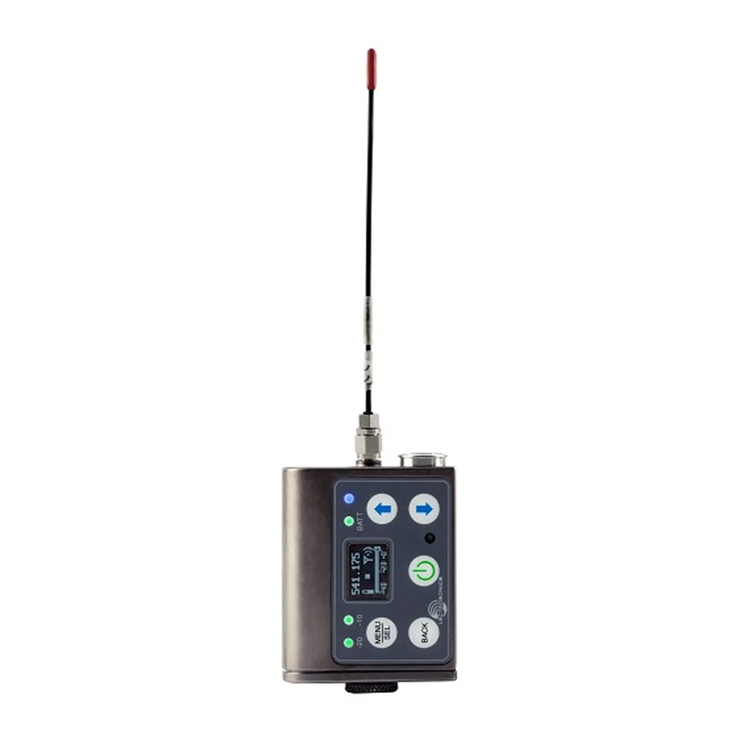 Lectrosonics DBSM-A1B1 Digital Transmitter with Recorder: The transmitter standing upright with its flexible antenna.