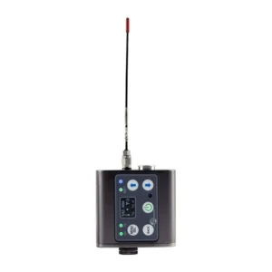 Lectrosonics DBSMD-A1B1 Dual-Battery Digital Transmitter with Recorder: The dual-battery transmitter standing upright with its antenna.