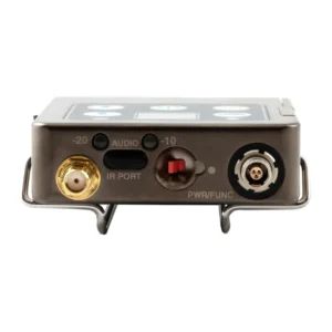 Lectrosonics DBu-LEMO Digital Belt-Pack Transmitter: The top panel with the antenna jack, audio LEDs, IR port, switch, and LEMO input.