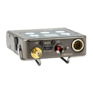 Lectrosonics DBu Digital Belt-Pack Transmitter: The top panel with the antenna jack, LEDs, switch, and audio input.