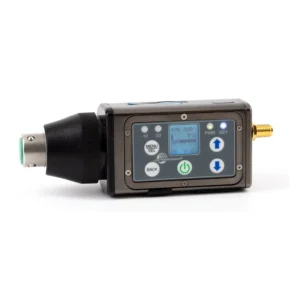 Lectrosonics DPR-A Digital Plug-On Transmitter: The plug-on transmitter with its keypad, LCD, and SMA antenna jack.
