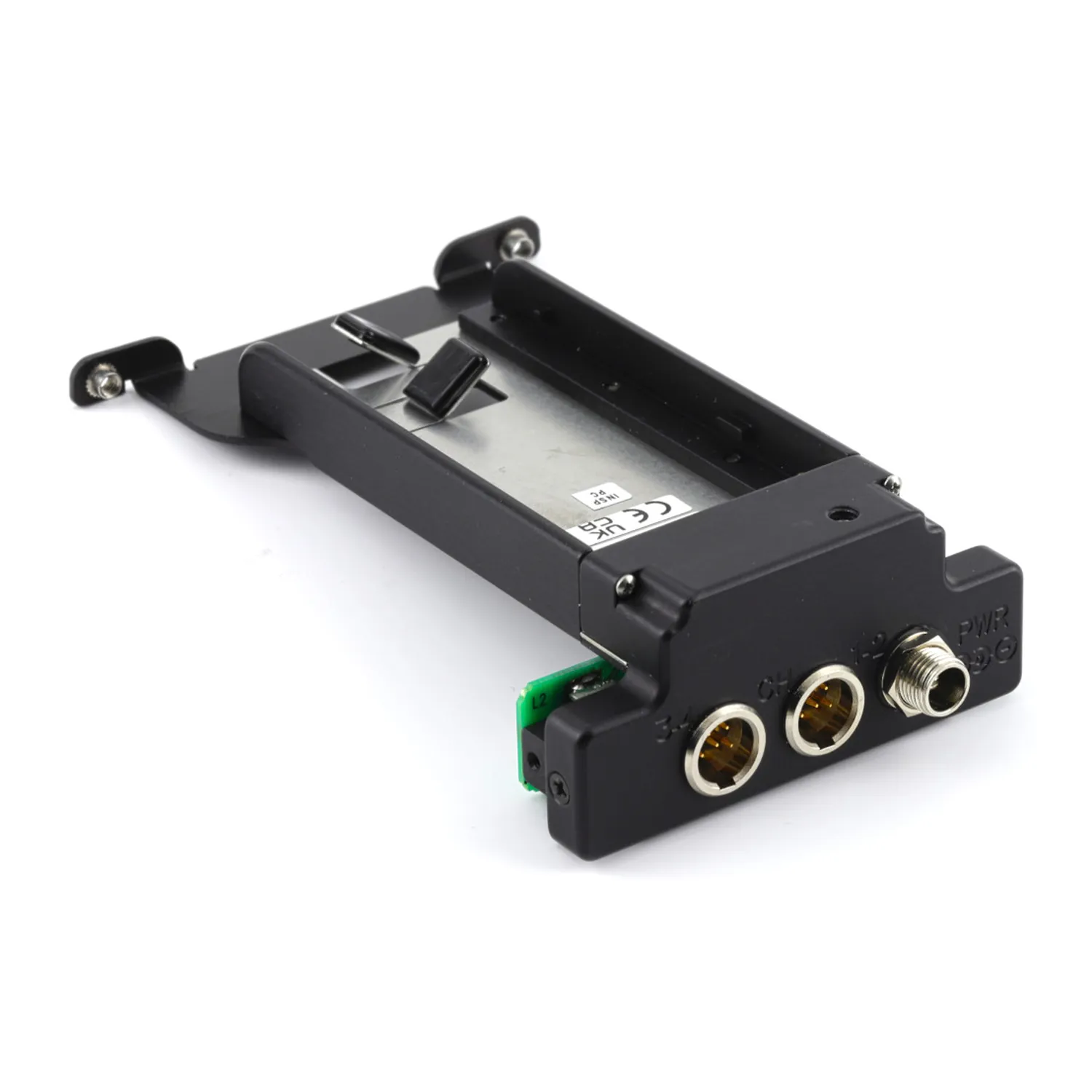 Lectrosonics DSR4BATTSLEDTOP Top-Mount Battery Sled for DSR4: The battery sled with its battery plate, two TA5M jacks, and power jack.
