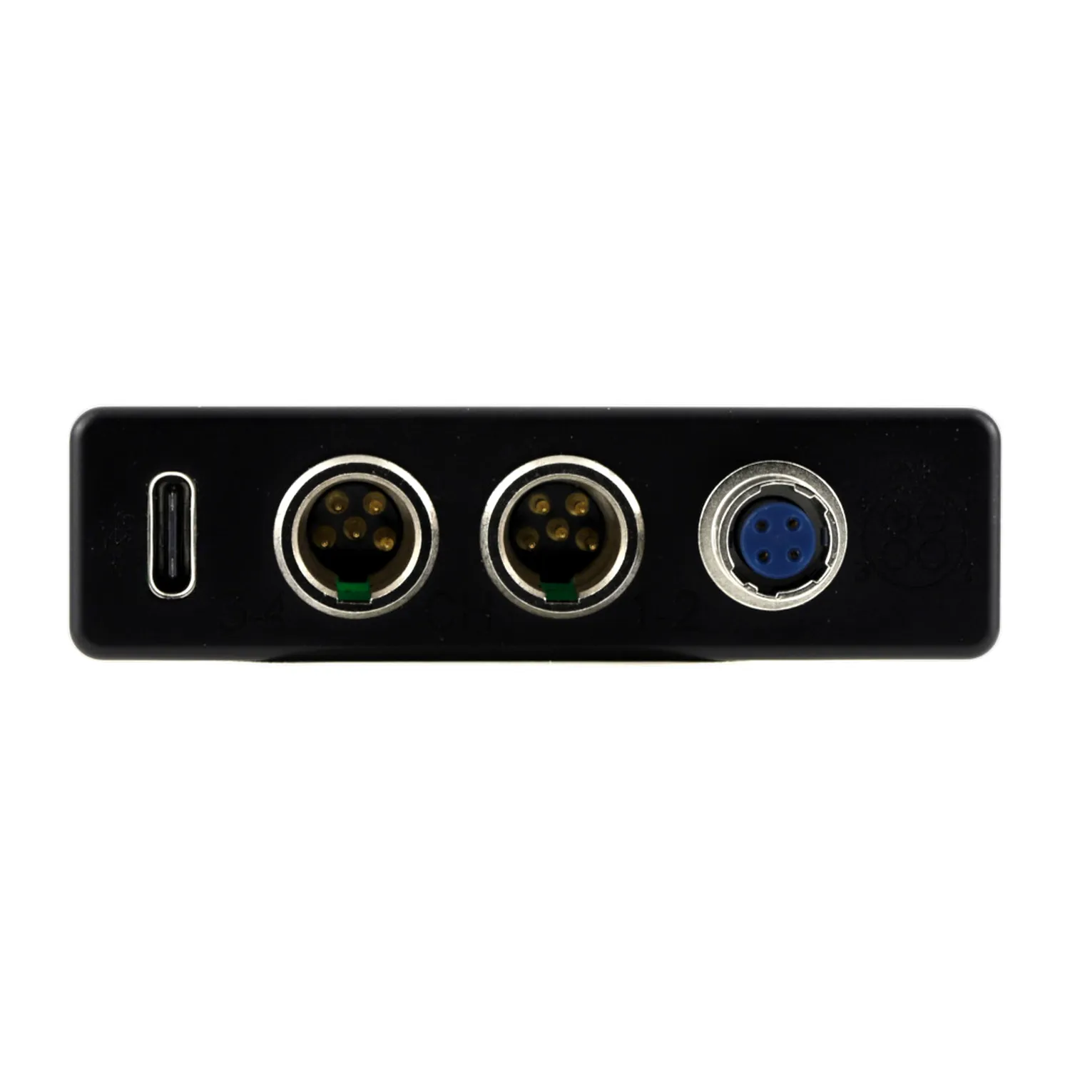 Lectrosonics DSR4EXTUSB Stand-Alone Adapter with USB-C for DSR4: The rear panel with its USB-C port, two TA5 jacks, and Hirose DC inlet.