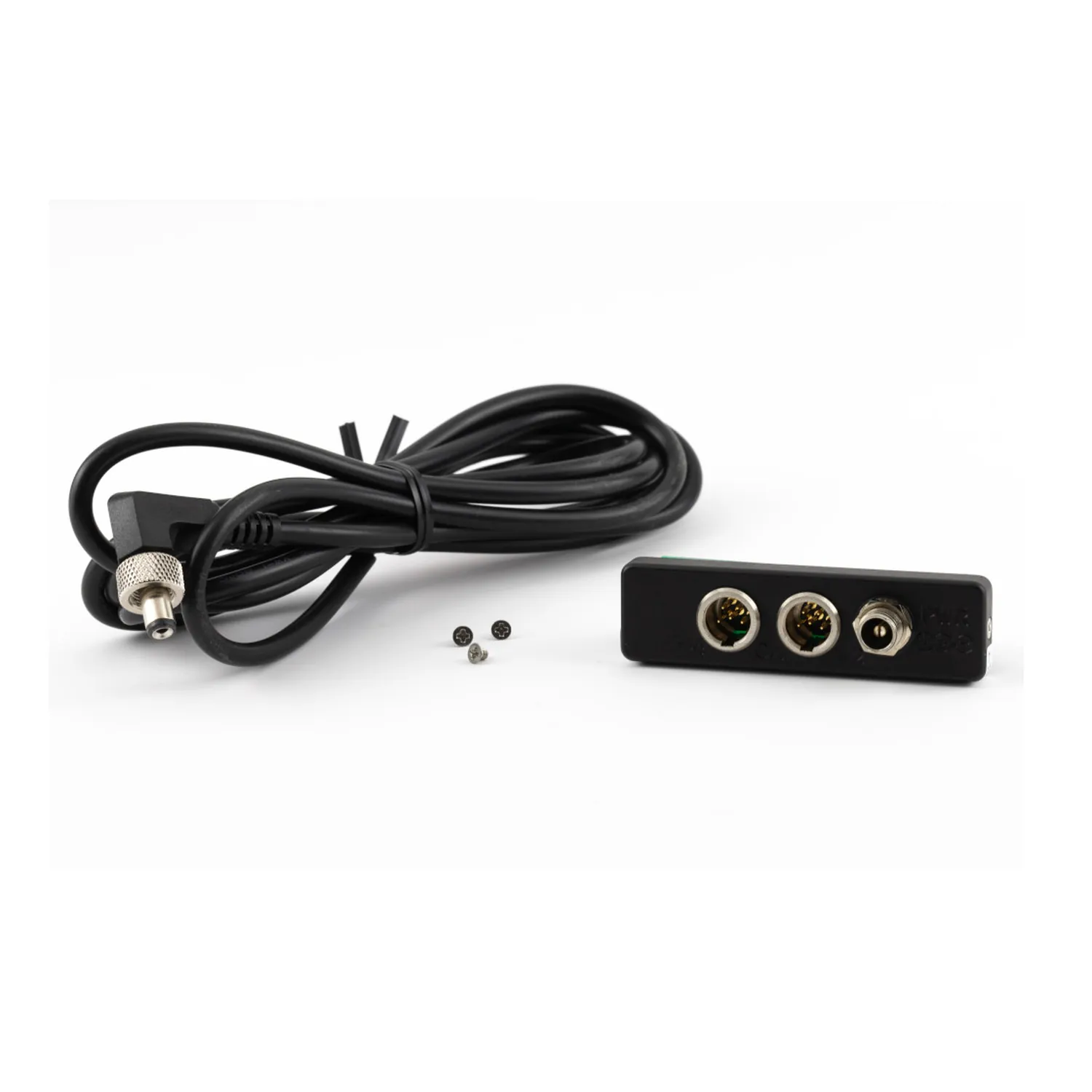 Lectrosonics DSR4EXT Stand-Alone Adapter for DSR4 Receivers: The rear panel with its two TA5 jacks, the DC cable, and mounting screws.