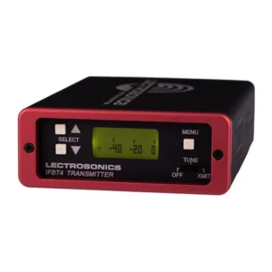 Lectrosonics IFBT4-VHF Frequency-Agile Compact IFB Transmitter: The transmitter with its red front panel, LCD, and Tune switch.
