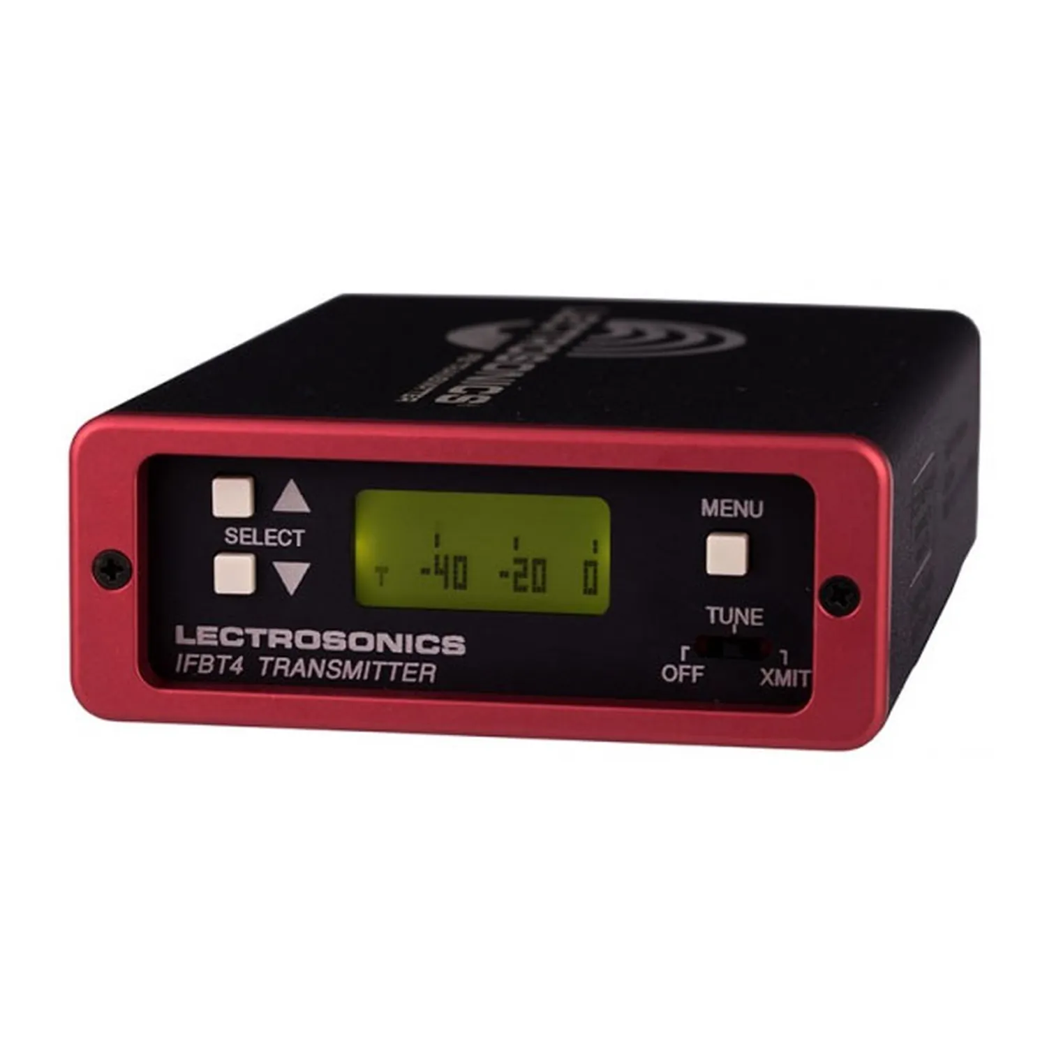 Lectrosonics IFBT4-VHF Frequency-Agile Compact IFB Transmitter: The transmitter with its red front panel, LCD, and Tune switch.