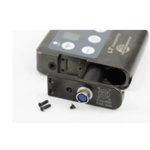Lectrosonics LTBATELIM-H Hirose Battery Eliminator for LT Transmitters: The battery eliminator beside an LT transmitter's open battery compartment.