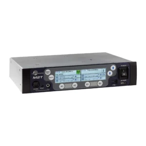 Lectrosonics M2T Digital IEM Transmitter with Dante: The half-rack transmitter's front panel with its LCD.