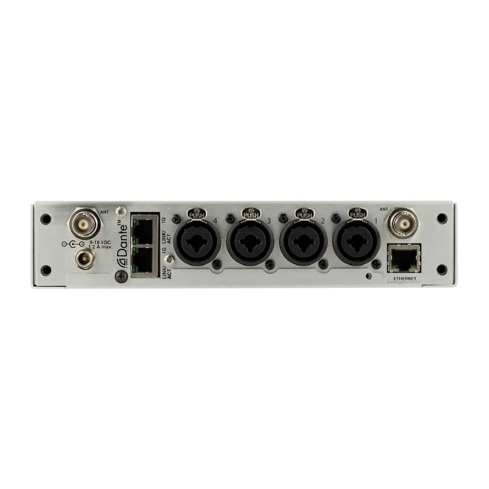 Lectrosonics M2T Digital IEM Transmitter with Dante: The rear panel with four XLR/TRS combo inputs, Dante ports, and antenna jacks.