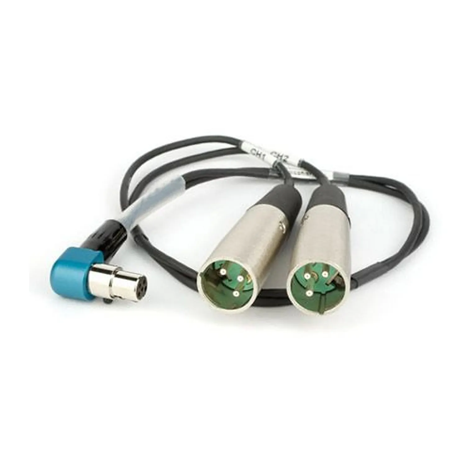 Lectrosonics MCSR/5PXLR2 Right-Angle TA5F to Dual XLR3M Cable: The cable with its right-angle TA5F and two XLR3M plugs.