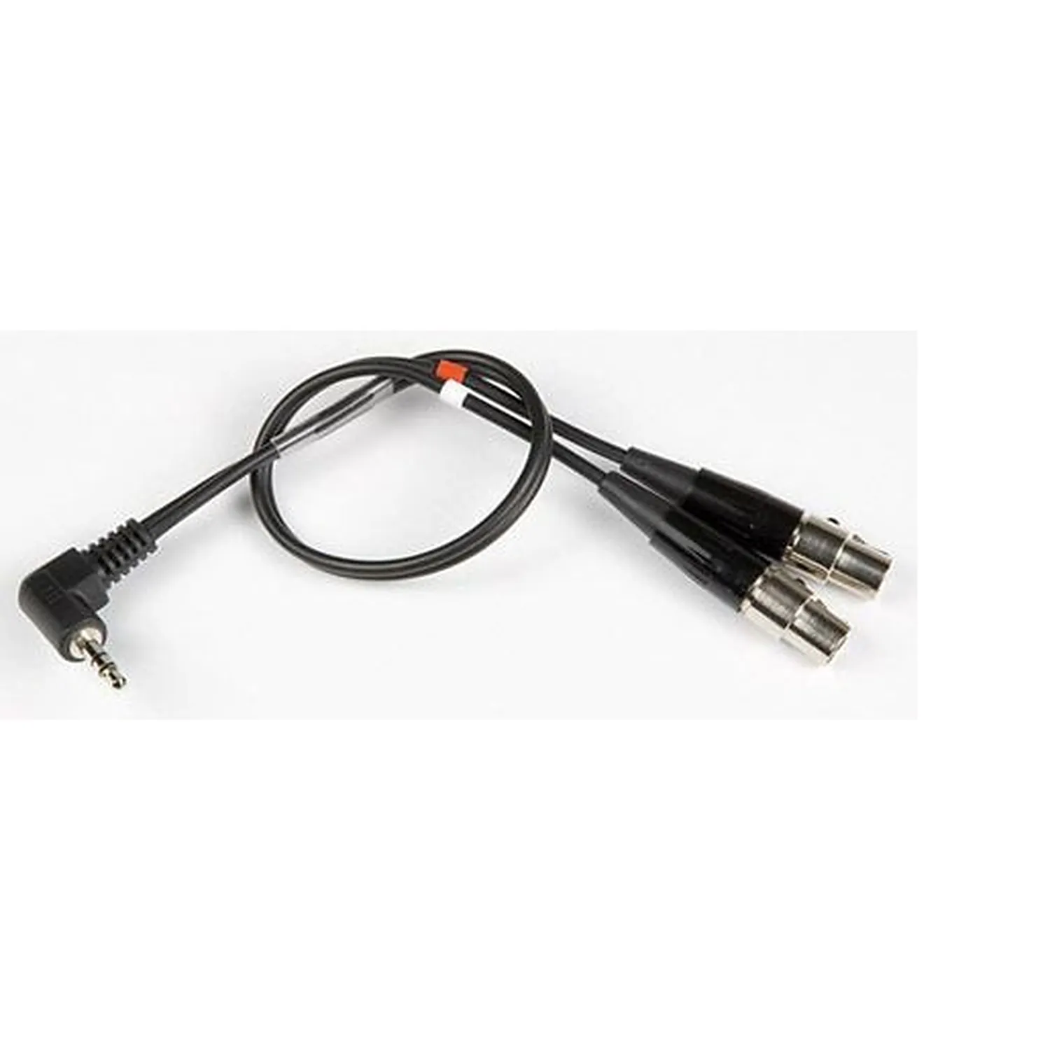Lectrosonics MCSRTRS 3.5mm TRS to Dual TA3F Cable for SR Receivers: The cable with its right-angle 3.5mm TRS plug and two TA3F plugs.
