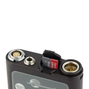 Lectrosonics MTCR Miniature Time Code Recorder: The top panel's connectors with a microSDHC card going in.