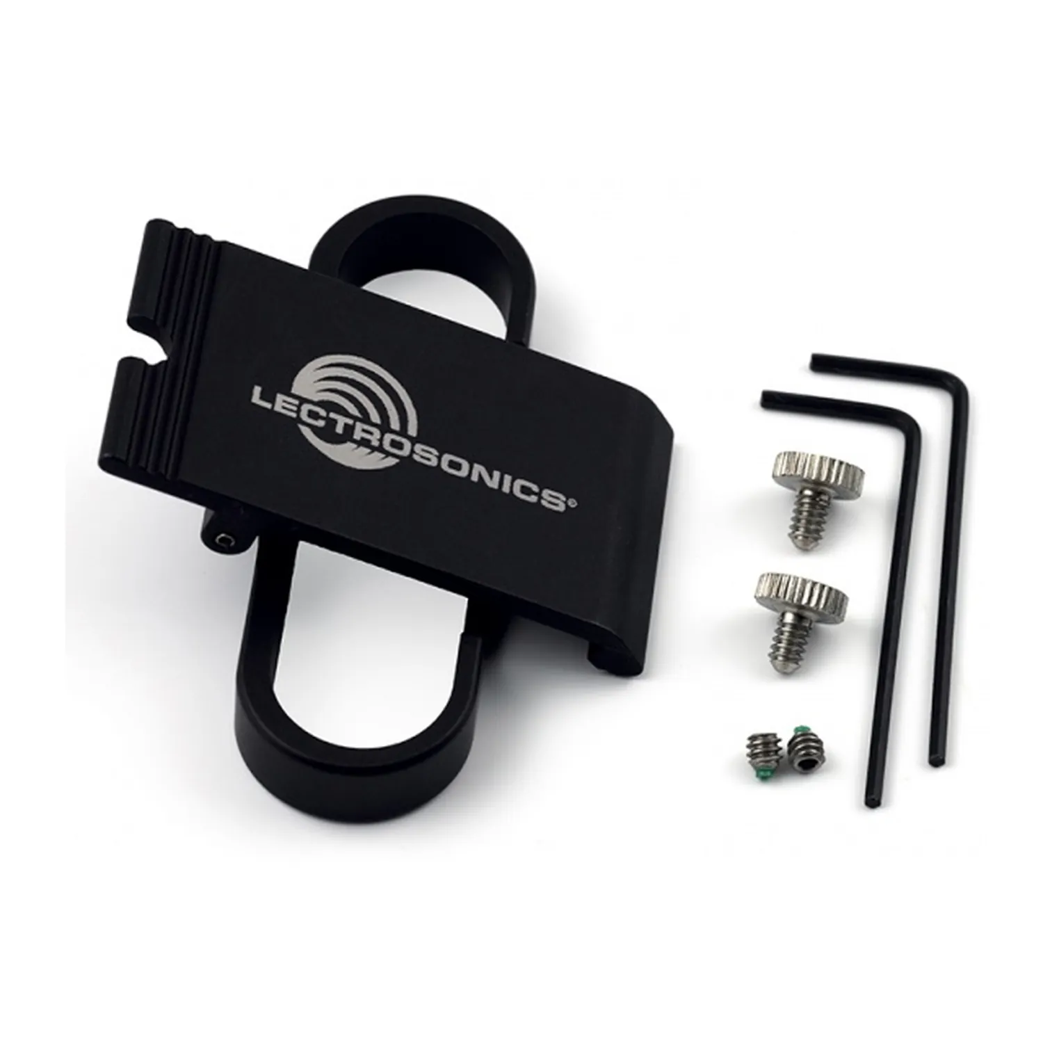 Lectrosonics SMDWBBCSL Spring-Loaded Belt Clip for SMDWB Transmitters: The black spring-loaded clip and bracket with two hex keys and screws.