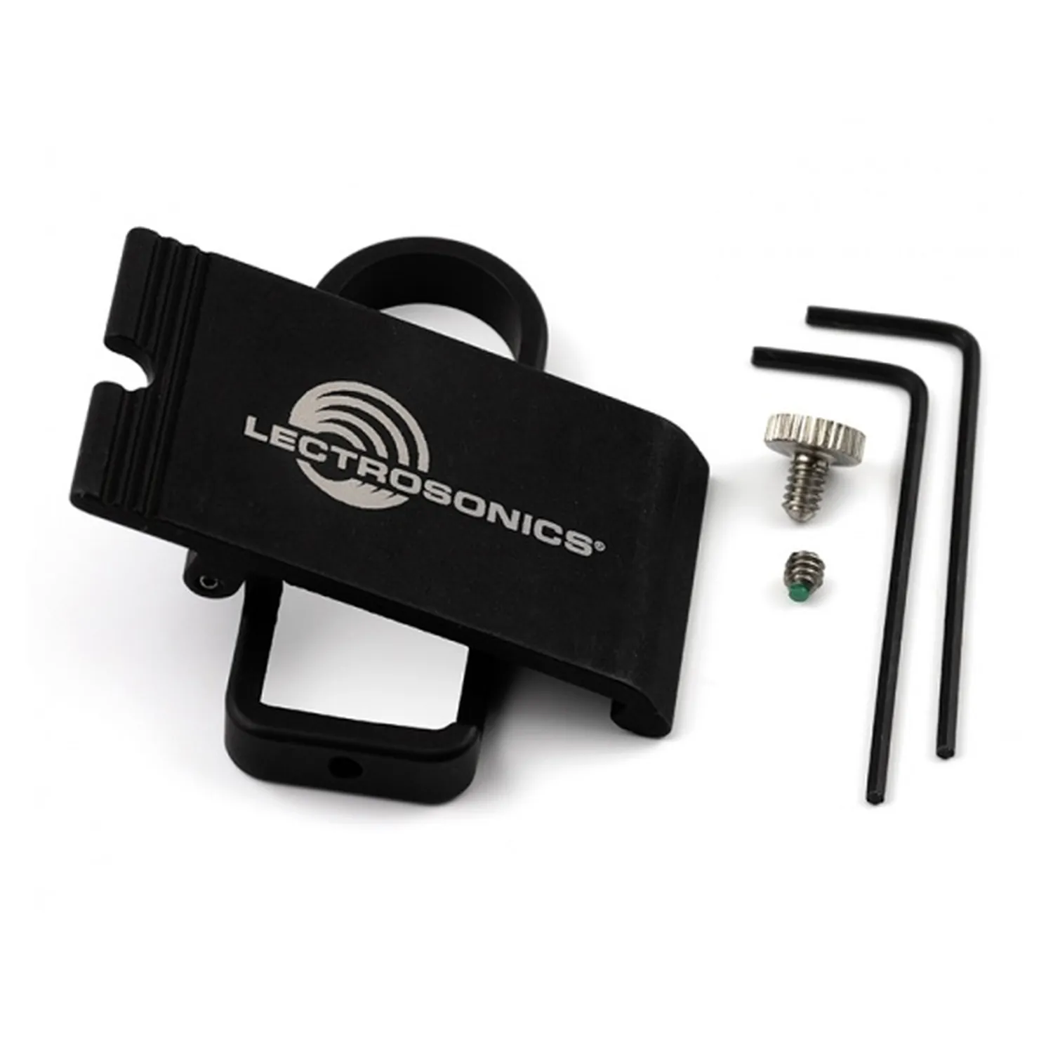 Lectrosonics SMWBBCUPSL Antenna-Up Spring-Loaded Belt Clip for SMWB: The spring-loaded clip and bracket with two hex keys and screws.