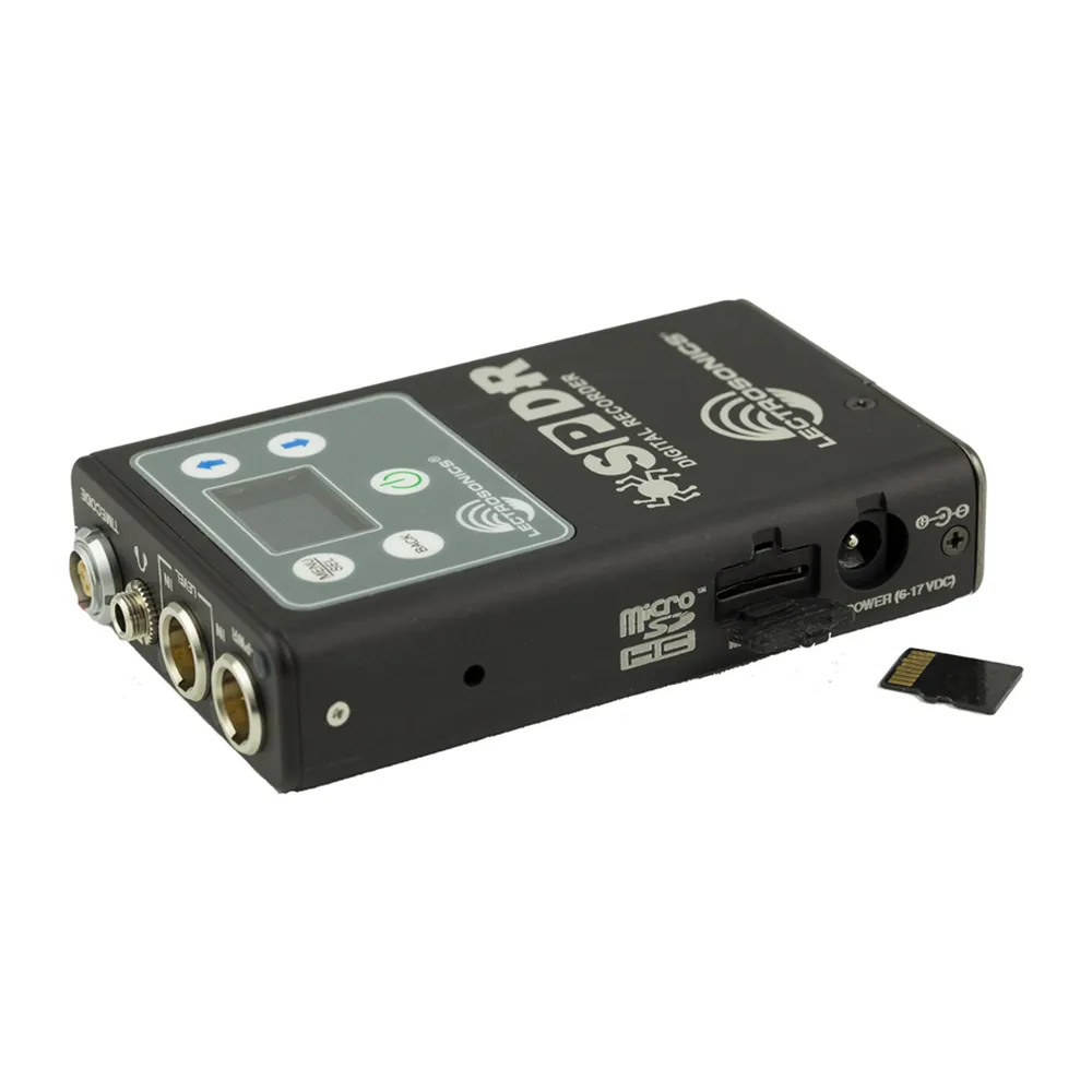 Lectrosonics SPDR Stereo Portable Digital Recorder: The side with the microSD card slot and DC input.