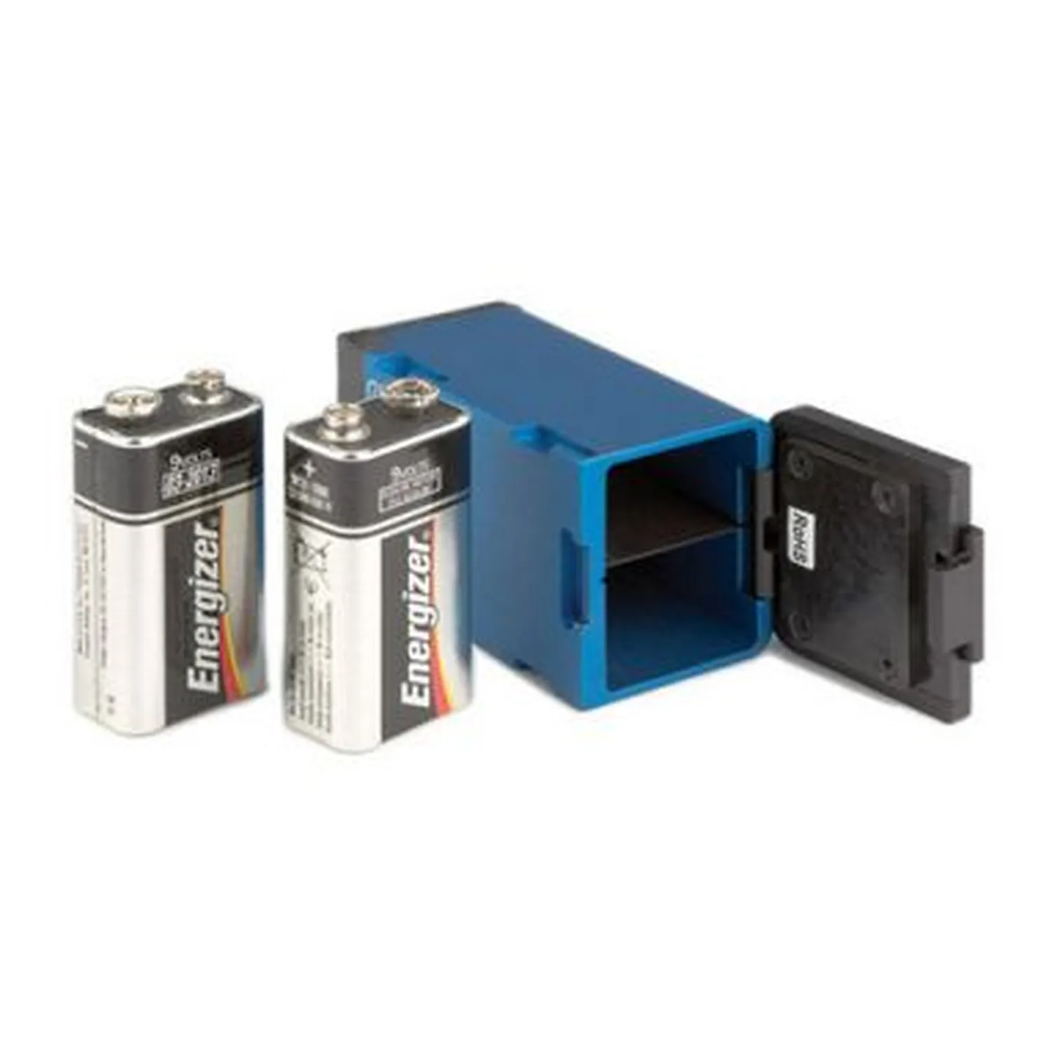 Lectrosonics SR9VBP 9 V Battery Adapter for SRBATTSLED and Octopack: The open adapter beside two 9 V batteries.
