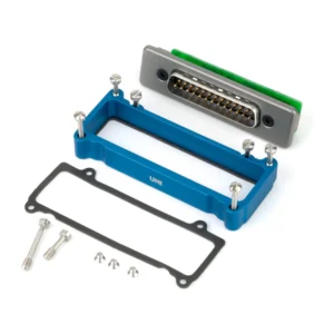 Lectrosonics SRSUPER Unislot Camera Adapter Kit for SR Receivers: The kit laid out: DB25 end plate, blue bezel, gasket, and screws.