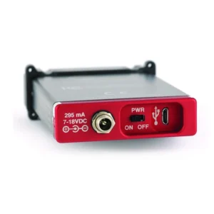 Lectrosonics SRUSB Firmware Update Adapter for SRc Receivers: The adapter's micro USB port, power switch, and DC jack.