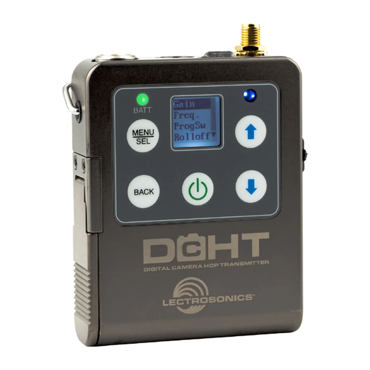 Lectrosonics DCHT Digital Camera Hop Transmitter: The transmitter's control panel and display.