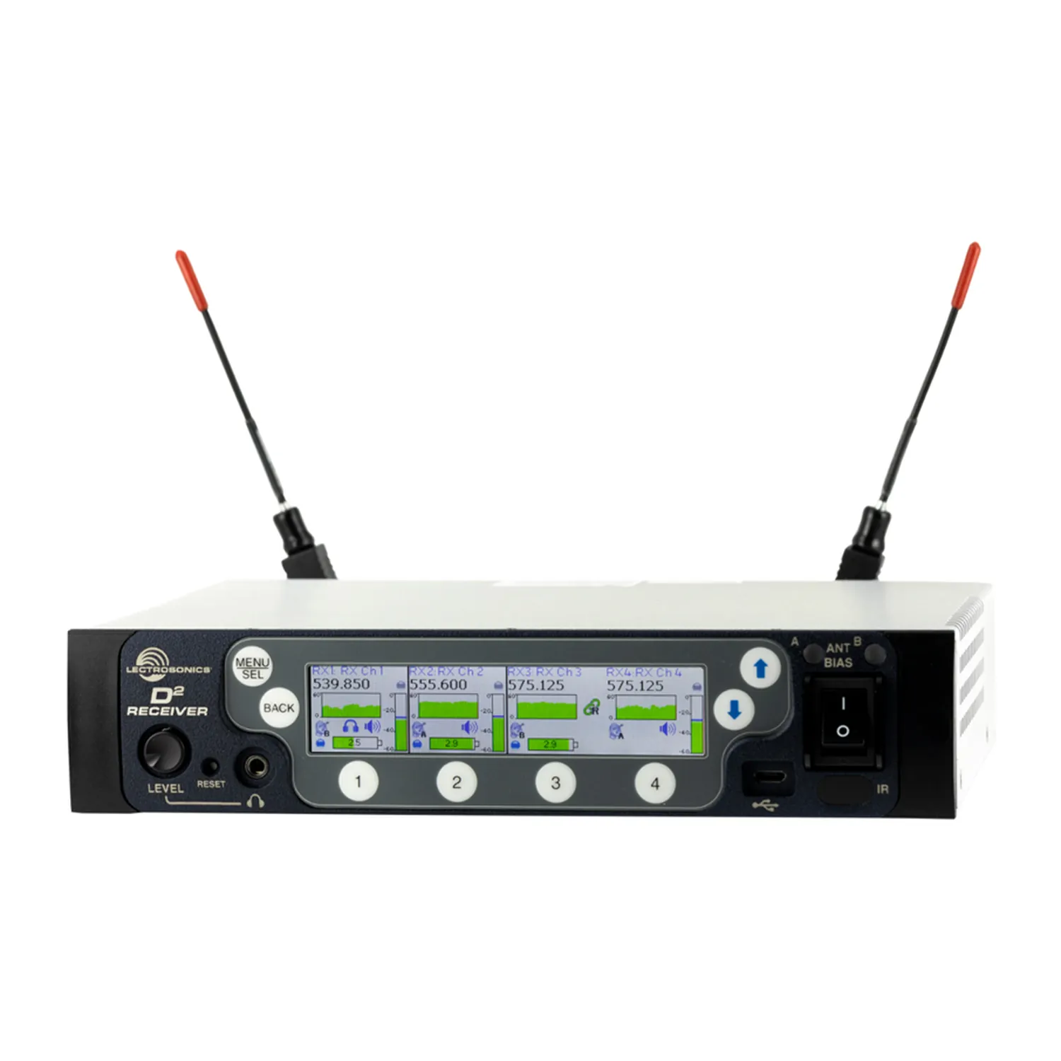 Lectrosonics DSQD 4 Channel Digital Receiver: The front panel with its LCD and antennas.