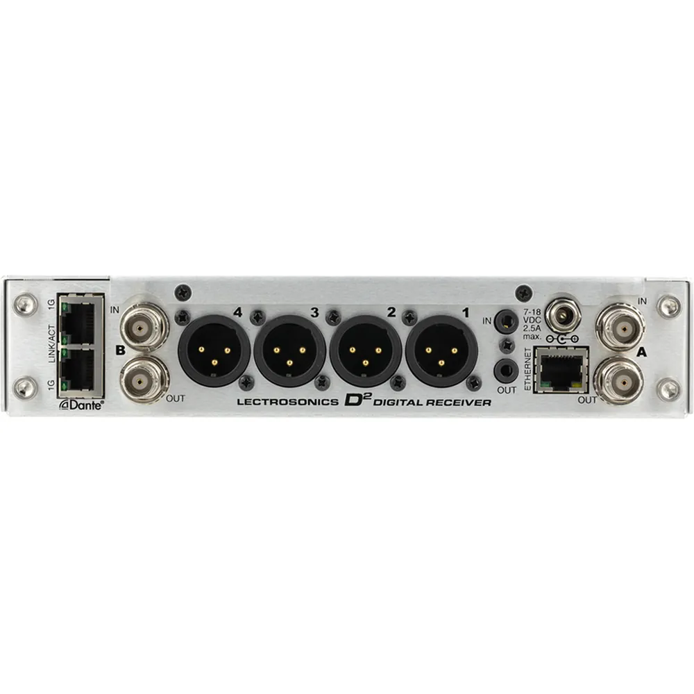 Lectrosonics DSQD 4 Channel Digital Receiver: The rear panel of the Dante version.