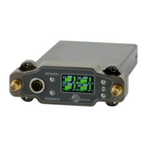 Lectrosonics DSR4 Four-Channel Digital Slot Receiver: The receiver from the front left, its color LCD showing four channels.