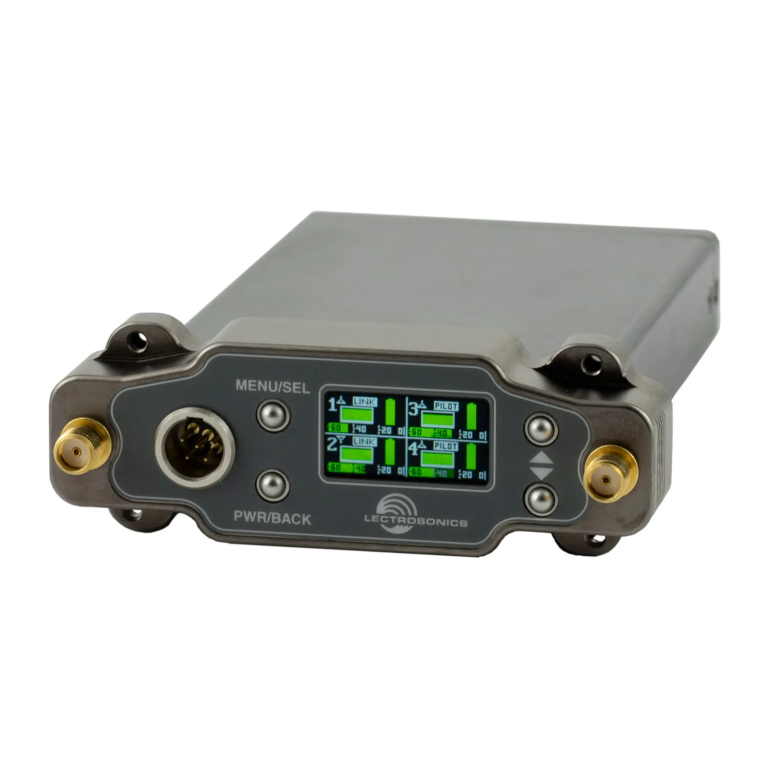 Lectrosonics DSR4 Four-Channel Digital Slot Receiver: The receiver from the front left, its color LCD showing four channels.