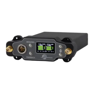 Lectrosonics DSR Two-Channel Digital Slot Receiver: The receiver from the front left, its color LCD showing two channels.