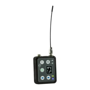 Lectrosonics DSSM Miniature Water-Resistant Digital Transmitter: The micro transmitter with its antenna and OLED display.
