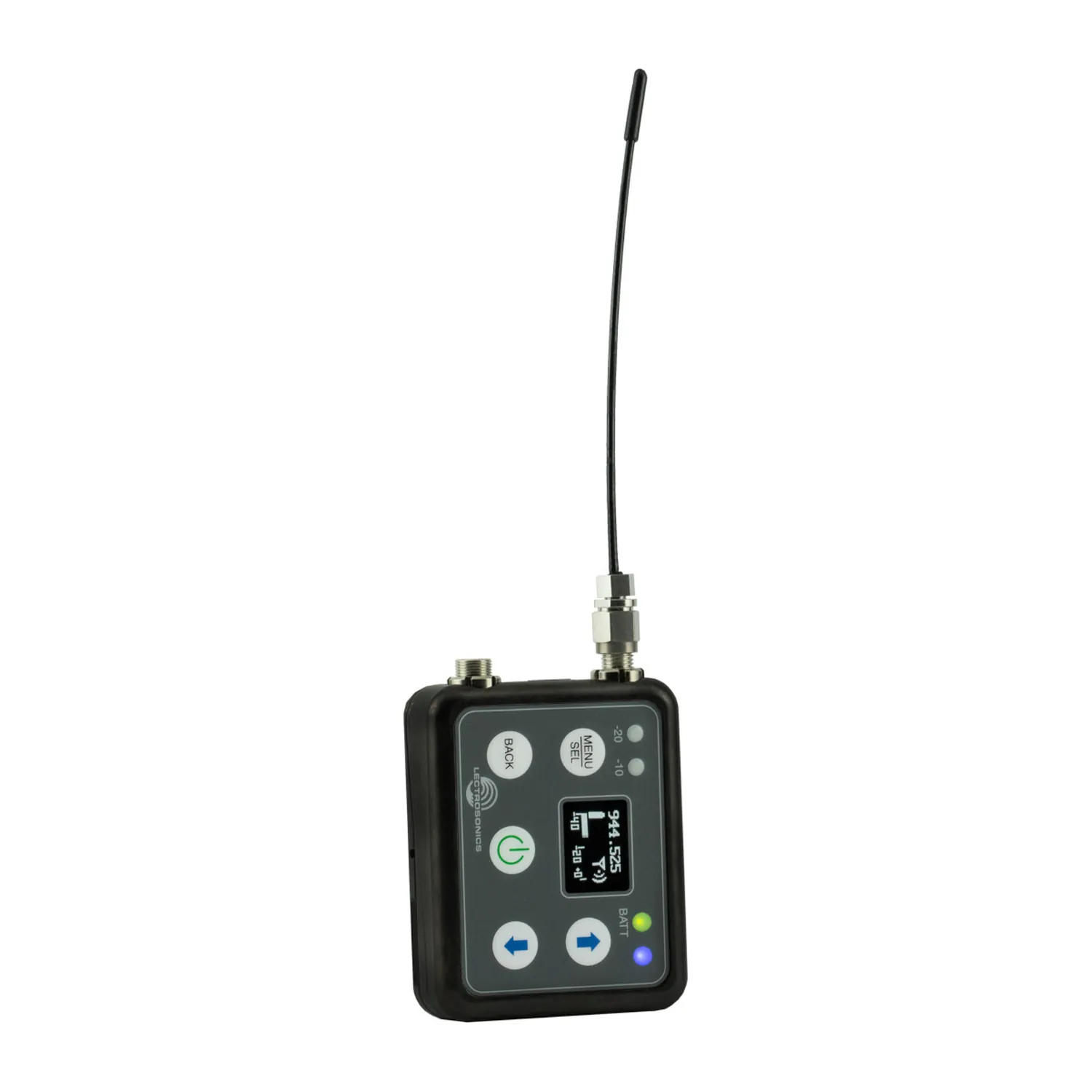 Lectrosonics DSSM Miniature Water-Resistant Digital Transmitter: The micro transmitter with its antenna and OLED display.