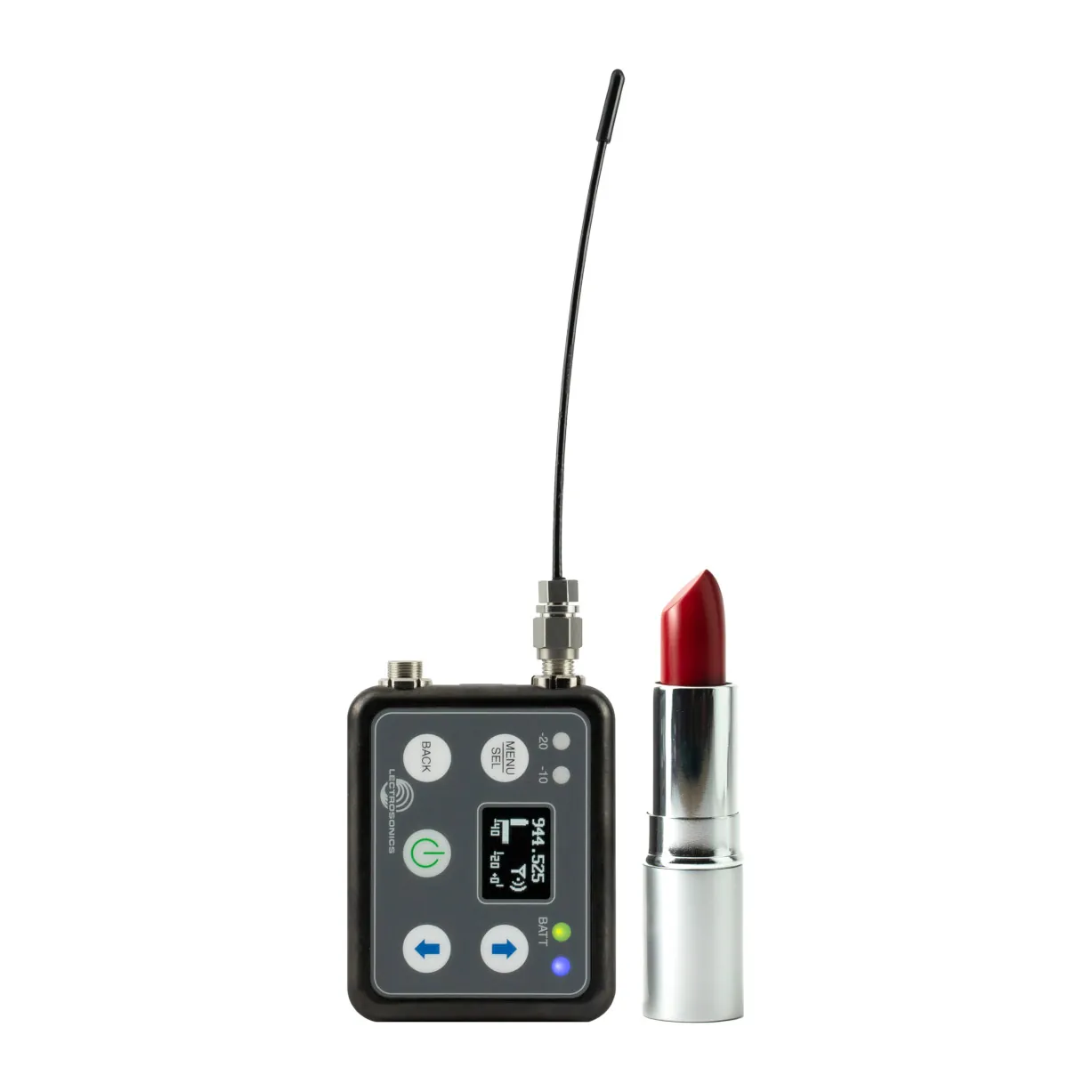 Lectrosonics DSSM Miniature Water-Resistant Digital Transmitter: The transmitter beside a lipstick for scale.