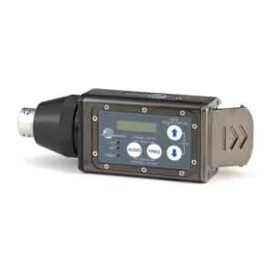 Lectrosonics HMa UHF Plug-On Transmitter: The transmitter from the keypad side, XLR end first.
