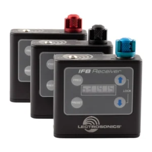 Lectrosonics IFBR1B Belt-Pack IFB Receiver: Three receivers with red, black, and blue knobs.