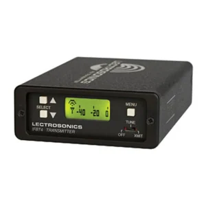 Lectrosonics IFBT4 Synthesized UHF IFB Transmitter: The transmitter with its black front panel, LCD, and Tune switch.