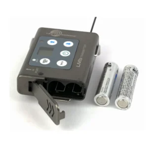 Lectrosonics LMb Belt-Pack Transmitter: The open battery door beside two AA batteries.