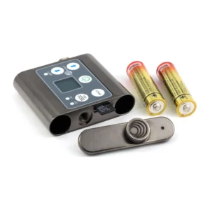 Lectrosonics SMDWB Dual-Battery Wideband Belt-Pack Transmitter: The transmitter beside two AA batteries and its removed battery door.
