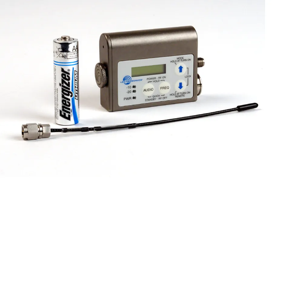Lectrosonics SMV Belt-Pack Transmitter: The transmitter beside a lithium AA battery.