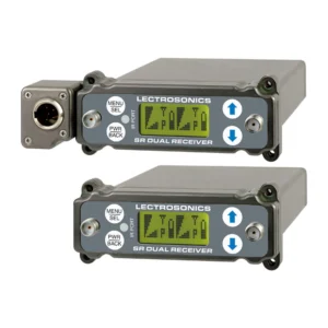 Lectrosonics SRc and SRc5P Dual-Channel Slot Mount Receiver: An SRc5P above an SRc, the SRc5P with its TA5M output beside the panel.